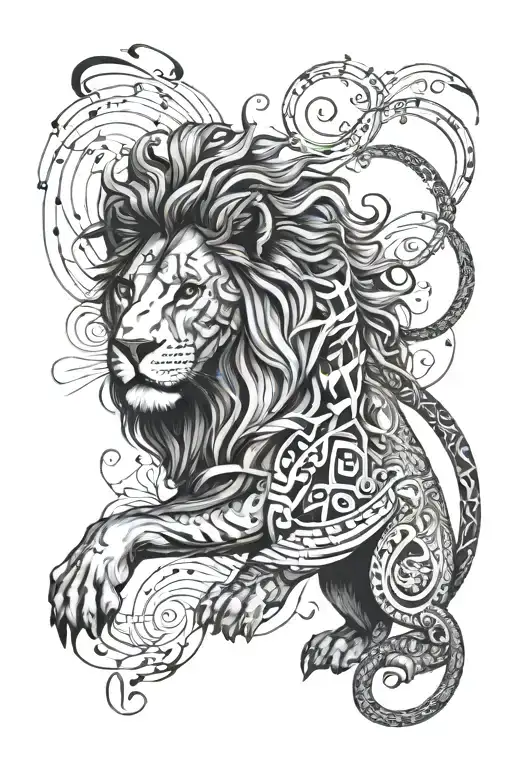 A lion made out of musical notes intertwined with the names of family members in a blackwork style tattoo design idea
