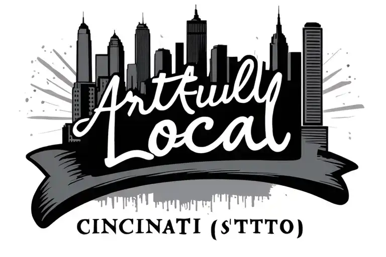 Text saying Artfully Local with cincinnati skyline tattoo design idea