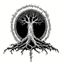 tree of Gondor mixed with Elden ring erdtree and elvish writing around border tattoo design idea