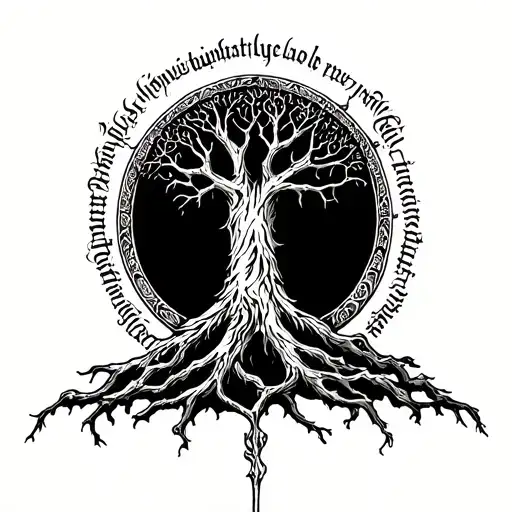 tree of Gondor mixed with Elden ring erdtree and elvish writing around border tattoo design idea