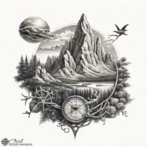 A realistic mountain landscape tattoo with a hidden DNA double helix design incorporated in the background, symbolizing the client's love for hiking and science tattoo design idea