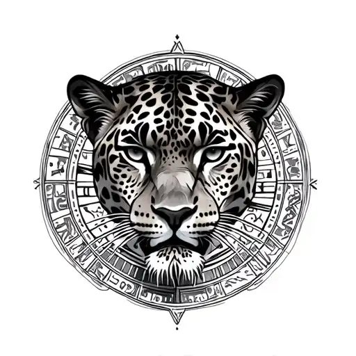 realistic jaguar surrounded by Aztec calendar tattoo design idea