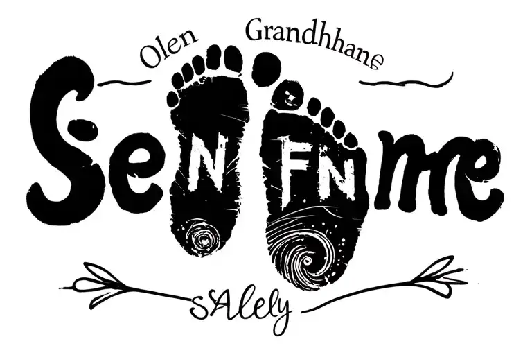 "Olen Finley Salem " grandchildren's names foot print with name tattoo design idea