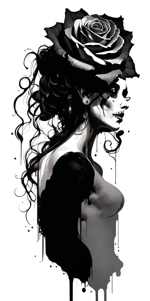 roses dead woman black grey tattoo design idea