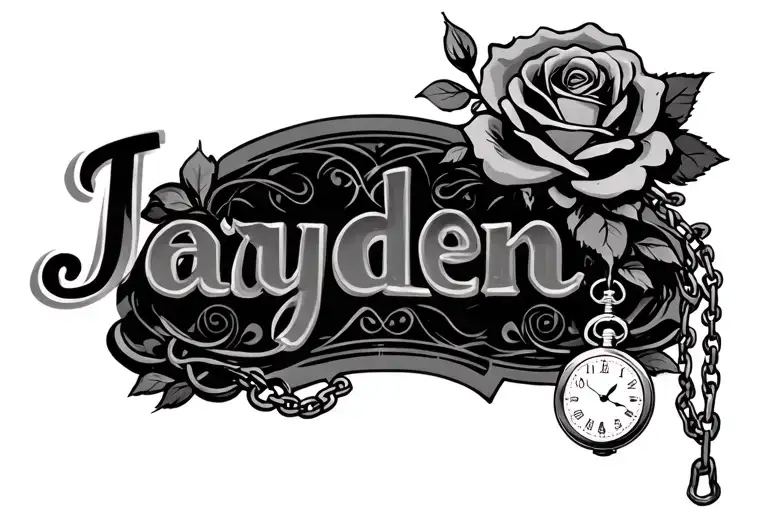 "Jayden" name with rose, chain and pocket watch tattoo design idea