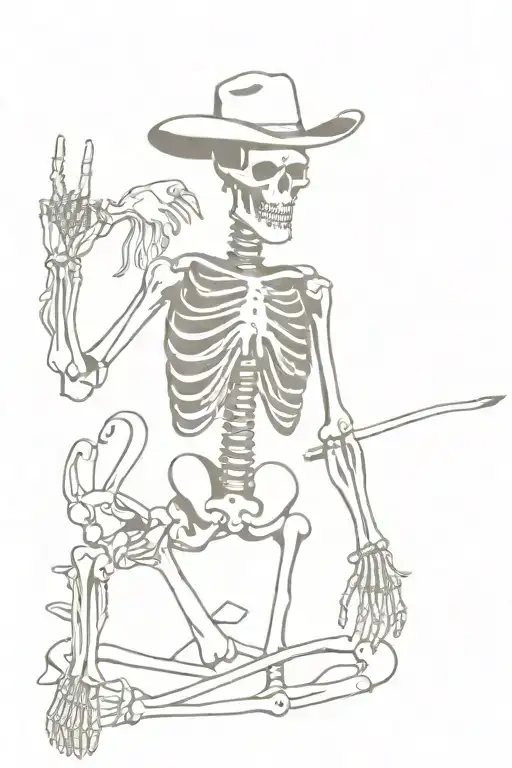full body skeleton wearing cowboy hat standing and posing with a "peace" sign. only a skeleton, no guns  tattoo design idea