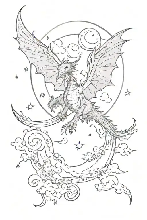 an whimsical smokey night sky with stars and a moon in the sky a very small fine line dragon flying tattoo design idea