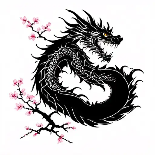 A dynamic dragon wrapping around a cherry blossom tree, symbolizing the balance of strength and beauty in martial arts tattoo design idea