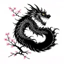 A dynamic dragon wrapping around a cherry blossom tree, symbolizing the balance of strength and beauty in martial arts tattoo design idea