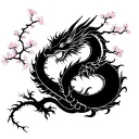 A dynamic dragon wrapping around a cherry blossom tree, symbolizing the balance of strength and beauty in martial arts tattoo design idea