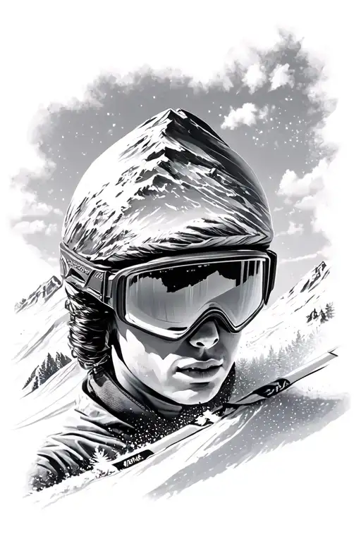 ski goggles reflecting a mountain and skier gracefully carving tattoo design idea