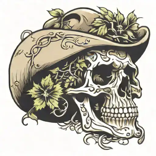 vines wrapping skull wearing cowboy hat tattoo design idea