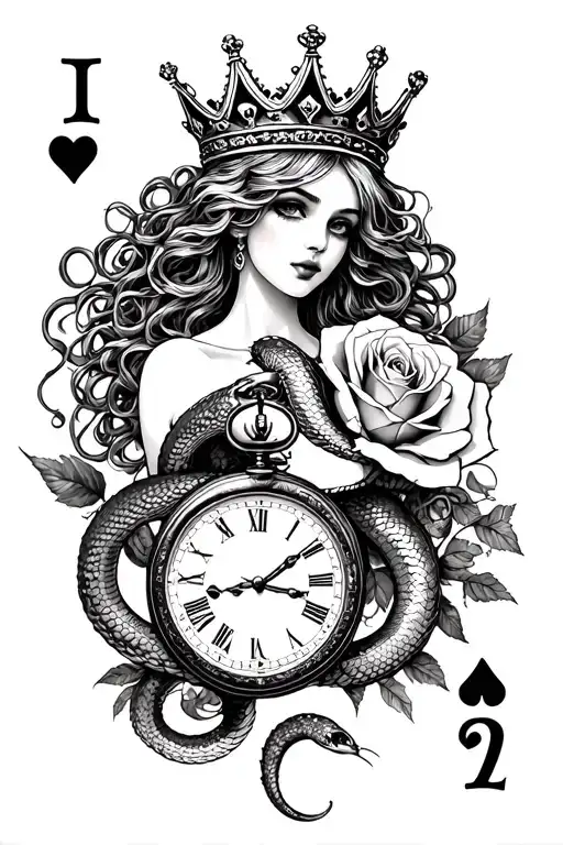 "Wearing  queen of hearts crown" medusa as alice in wonderland  ,roses and pocketwatch; make her sexy fierce; the snakes ready to strike. tattoo design idea