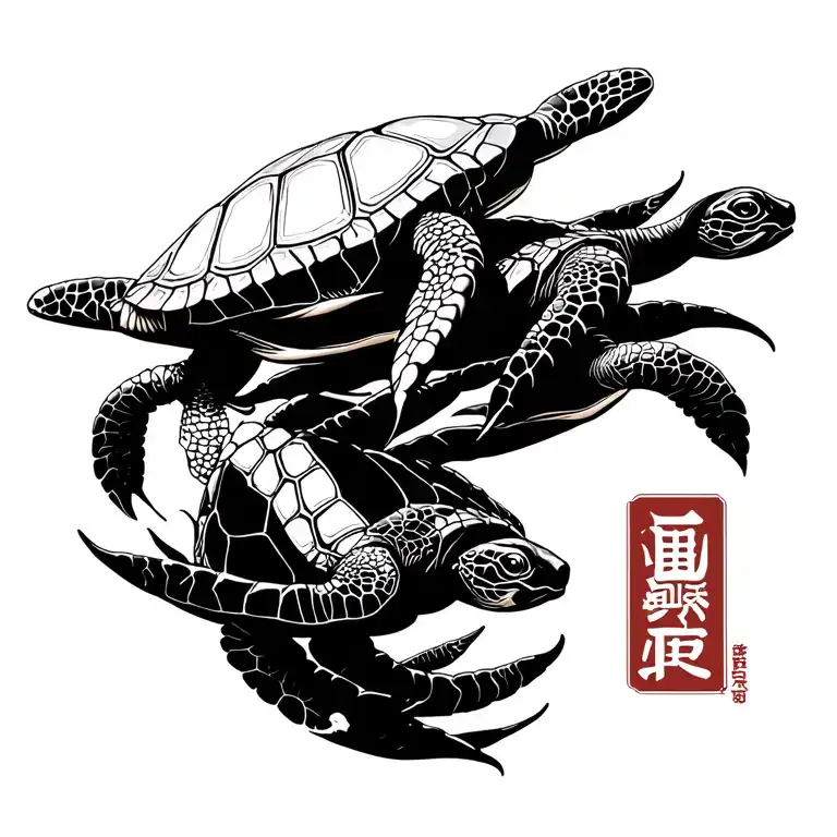 japanese words "Bryce" with turtles swimming together vertical spine tat tattoo design idea