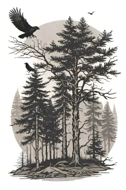 Dark coniferous trees with a few crows in the distance tattoo design idea