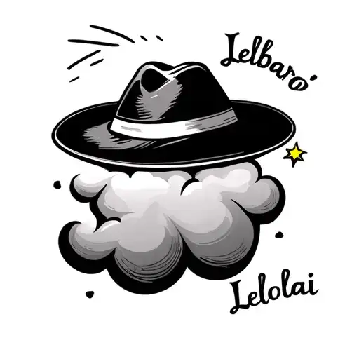  small jíbaro hat resting on a soft cloud, with:	•	“Lelolai” written in the cloud’s curve	•	A little sunbeam or star a tattoo design idea