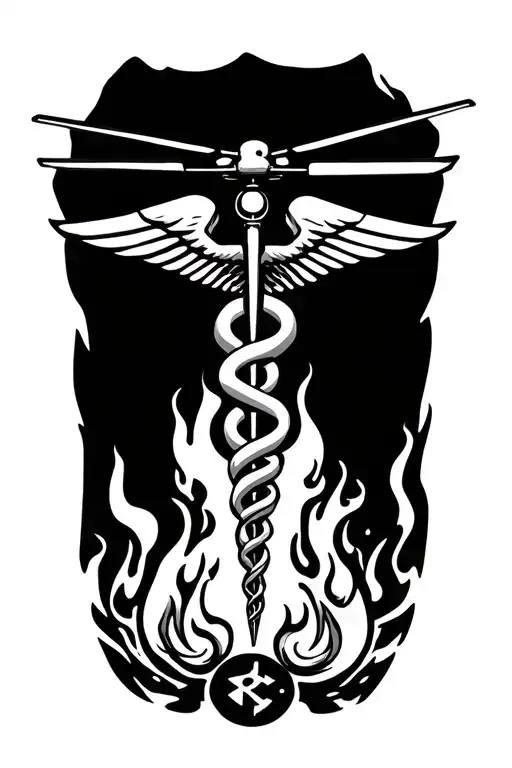combat medic tattoo with M4, helicopter, Caduceus, fire tattoo design idea