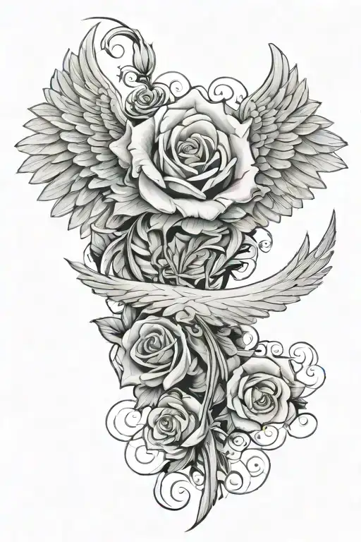 single angel wing going up the arm with rose attached at the bottom of the wing  tattoo design idea