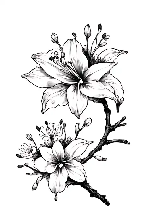 black and white lycoris flower with cherry blossom branch with a string intertwined  tattoo design idea