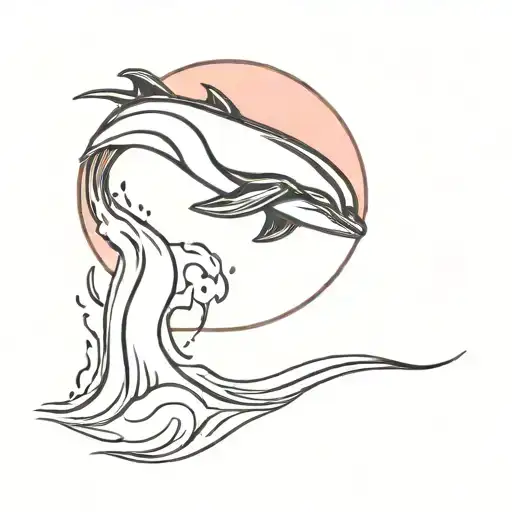 A minimalist tattoo of a red moon shining over crashing waves with an orca tattoo design idea