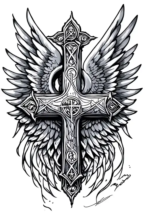 Cross with wings and runes, fine line art around the wings, back tattoo tattoo design idea