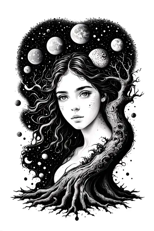 There should be a tree that appears to melt or flow, surrounded by the universe, with a twin flame woman within it. The  tattoo design idea