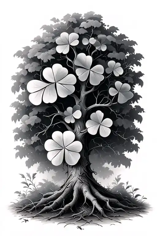 Tree without leaves with three leaf clover on the ground tattoo design idea
