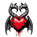 a bleeding red heart with stitches in the center and cute tiny devil horns, bat wings and a tail with a spade-shaped tip tattoo design idea