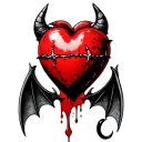 a bleeding red heart with stitches in the center and cute tiny devil horns, bat wings and a tail with a spade-shaped tip tattoo design idea