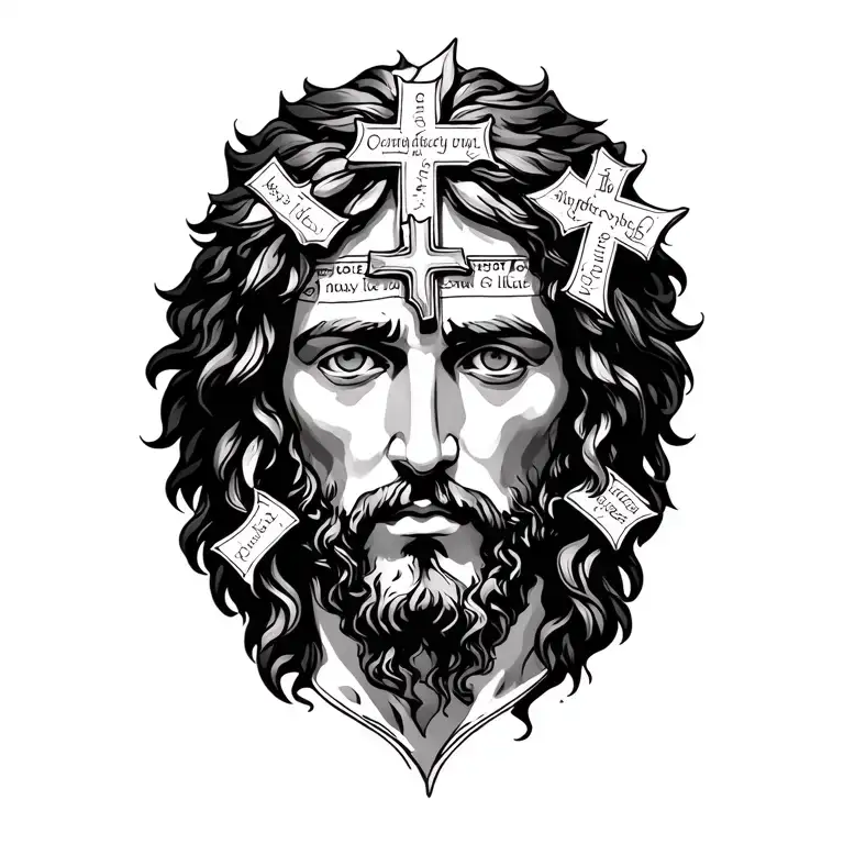 jesus with crosses and words from bible tattoo design idea