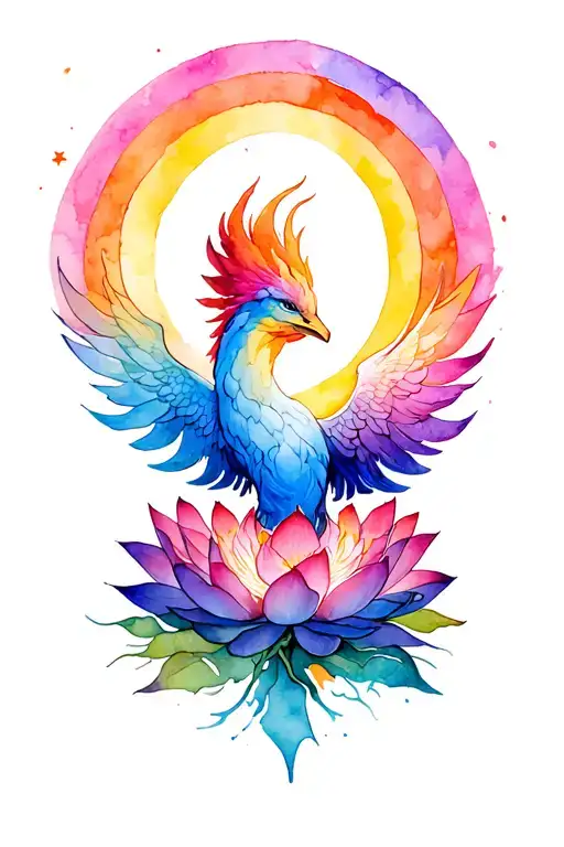 Phoenix rising from lotus with rainbow in background tattoo design idea