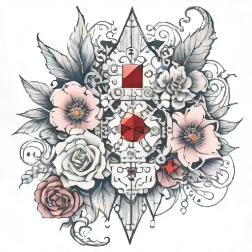 flowers with diamonds rubies and pearls as the centers, dominoes falling, broken wings, kicks snares and flat bass lines tattoo design idea