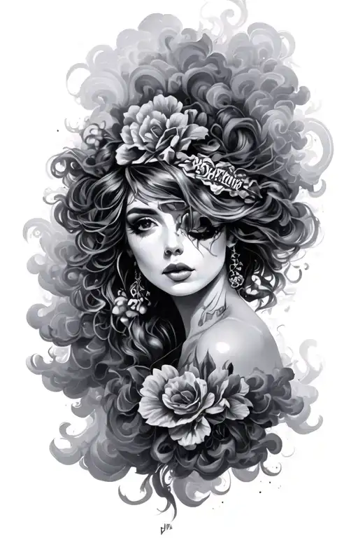 "MIA ADRIANA" Coverup Clouds and Smoke tattoo design idea