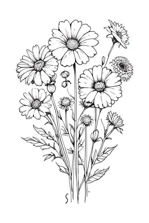 bouquet of daisies, morning glory, marigold, cosmos and chrysanthemums tattoo design idea