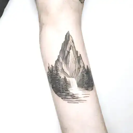 Fine Line micro realism with mountains, waterfall, trees, and rocks tattoo design idea