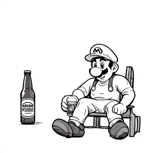 mario sitting down with a beer bottle  tattoo design idea