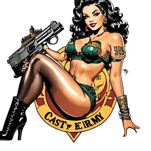 sexy PIN UP GIRL, US ARMY Engineer castle logo, full body view tattoo design idea