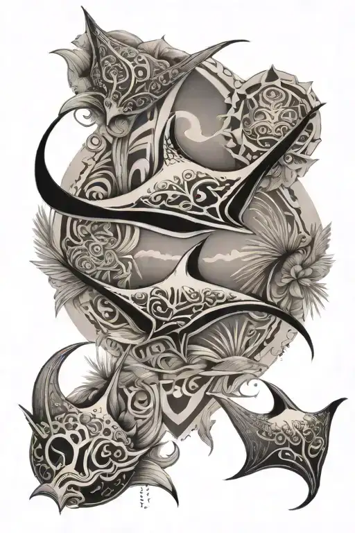 Manta rays in Maori style, plus mountains, sea, palm trees and nature and something on the topic of "happiness" tattoo design idea