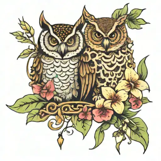 names maja and kaila with owl and orchids and lilys with vines leopard print  tattoo design idea