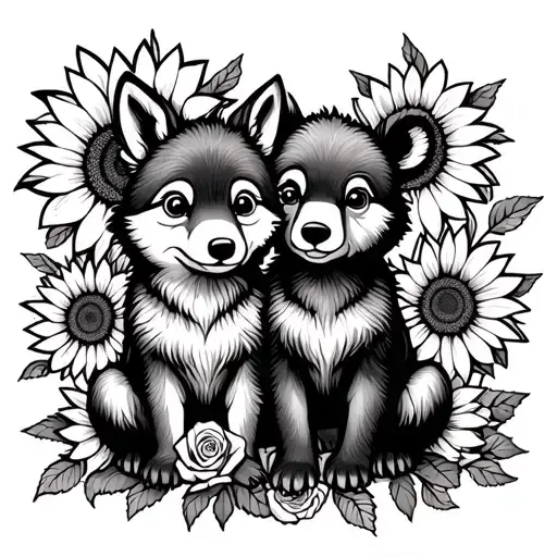  cute baby wolf and bear sitting with sunflowers and roses. black tattoo design idea