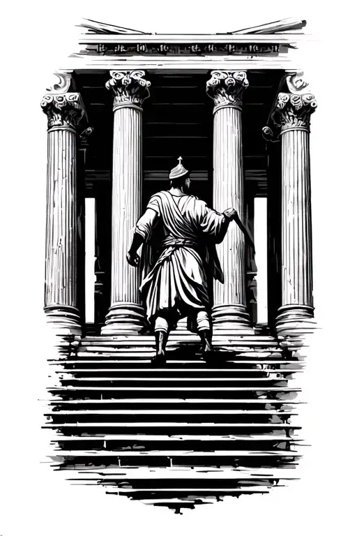 Spanish fighting standing on steps leading up to Greek pillars facing sideways tattoo design idea