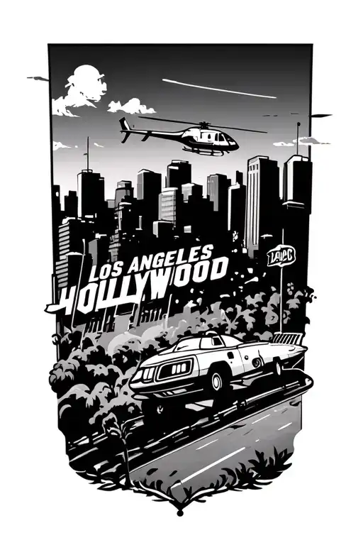 The city of Los Angeles with the Hollywood sign and lapd helicopter flying  tattoo design idea