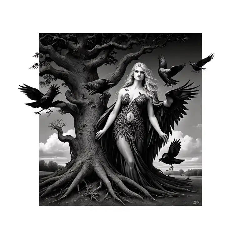 The Morrigan Irish Goddess With Crows An Old Oak Tree Growing&nbsp; tattoo design idea