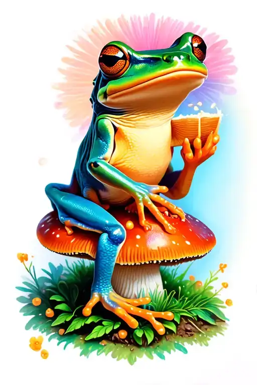 Frog Sitting On Mushroom eating lsd acid trip tattoo design idea