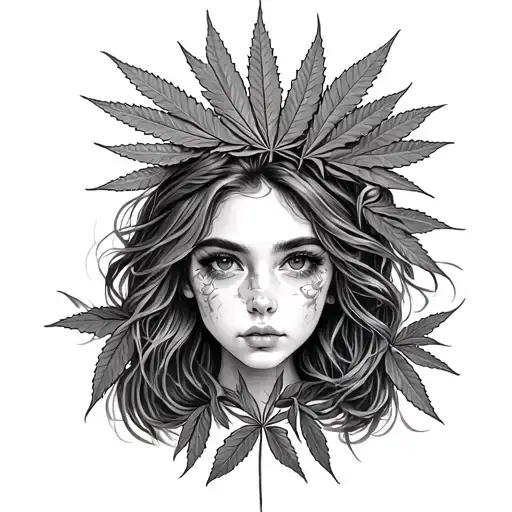 cannabis leaf face girl tattoo design idea