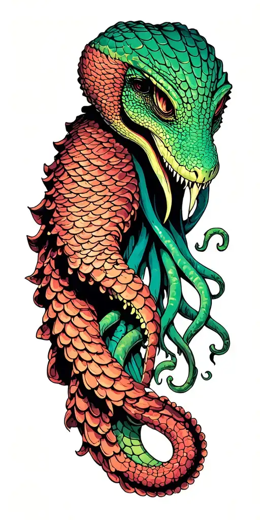 reptile scales + cthulu head. Scales from shoulder to arm, tentacles wrap arm, head on shoulder tattoo design idea