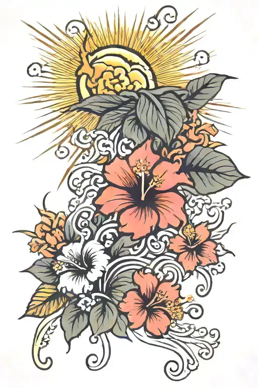japanese sun rays with hibiscus flower  tattoo design idea