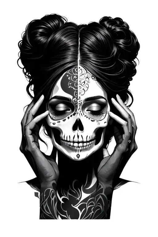 goddess face, half skeleton, half normal face. up do hair, lips sewn closed, eyes closed, hands over ears.  tattoo design idea