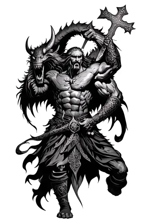 god warrior crosses fighting demons tattoo design idea
