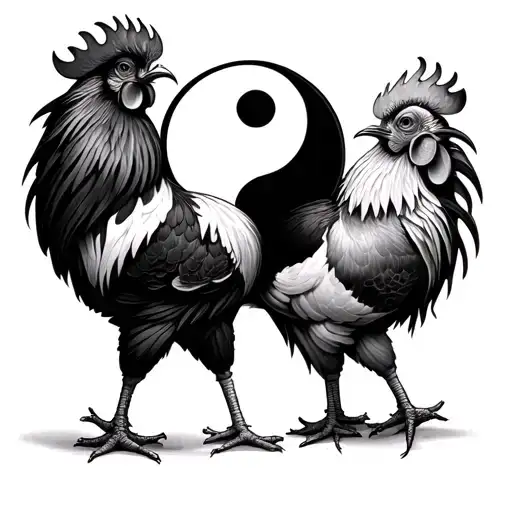 2 fighting rooster circling ying yang symbol tattoo design idea